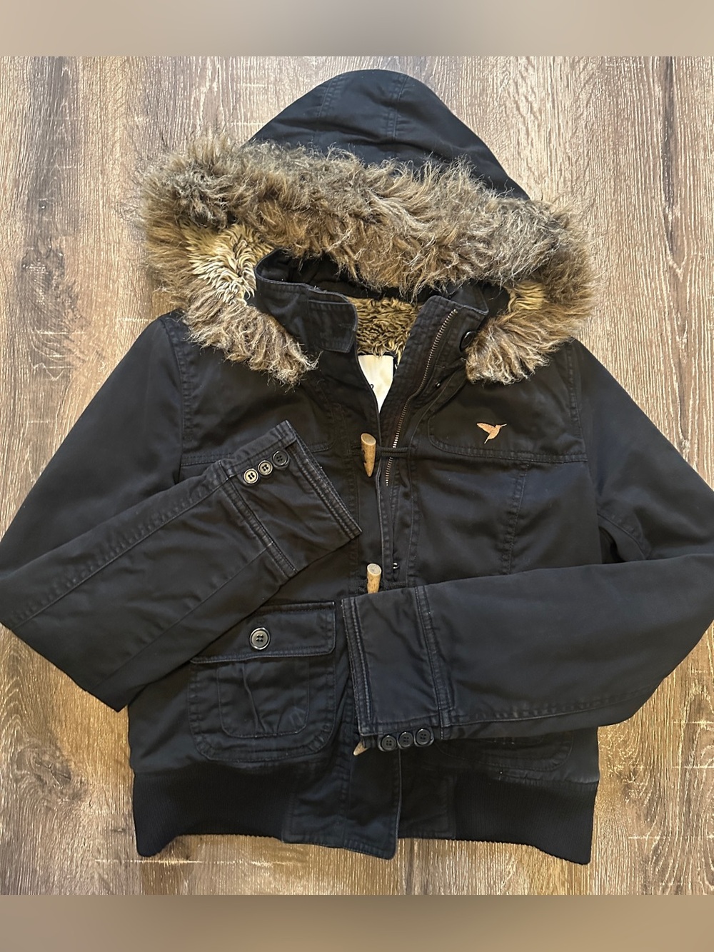 Women's Black Hooded Cargo Jacket with Faux Fur Trim - Cotton Canvas - Size M